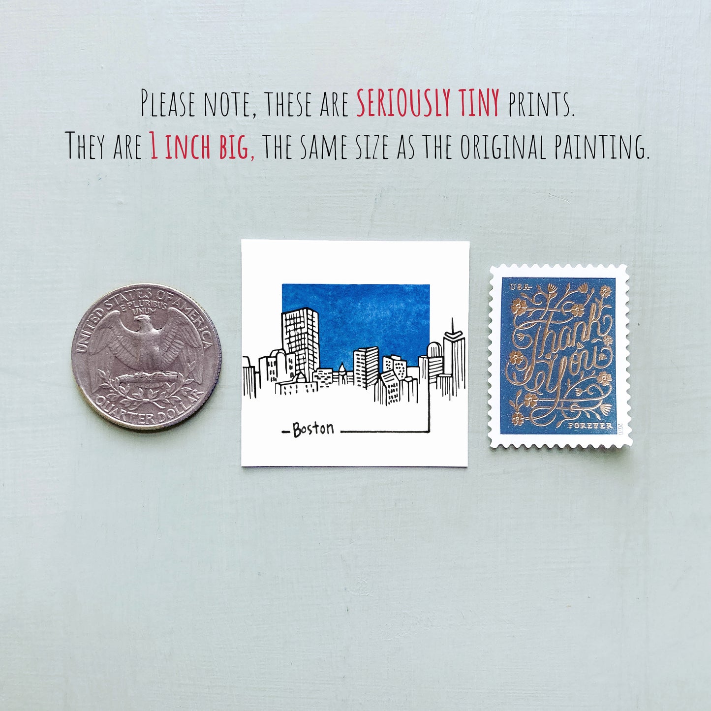 Mini Boston, Massachusetts Skyline 1.5" Watercolor and Ink Art PRINT