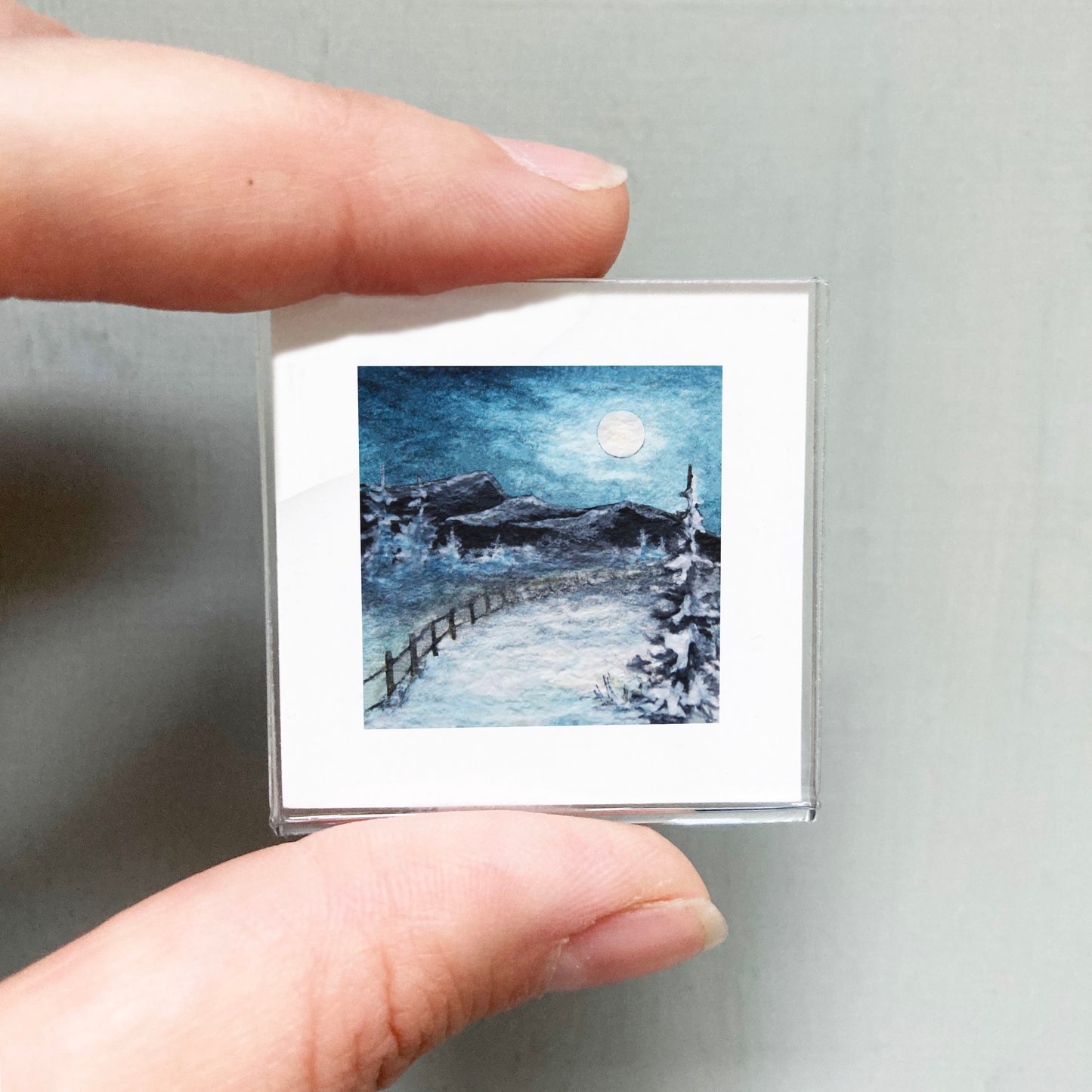 Mini 1" Moonlit Snowy Mountain Watercolor Print