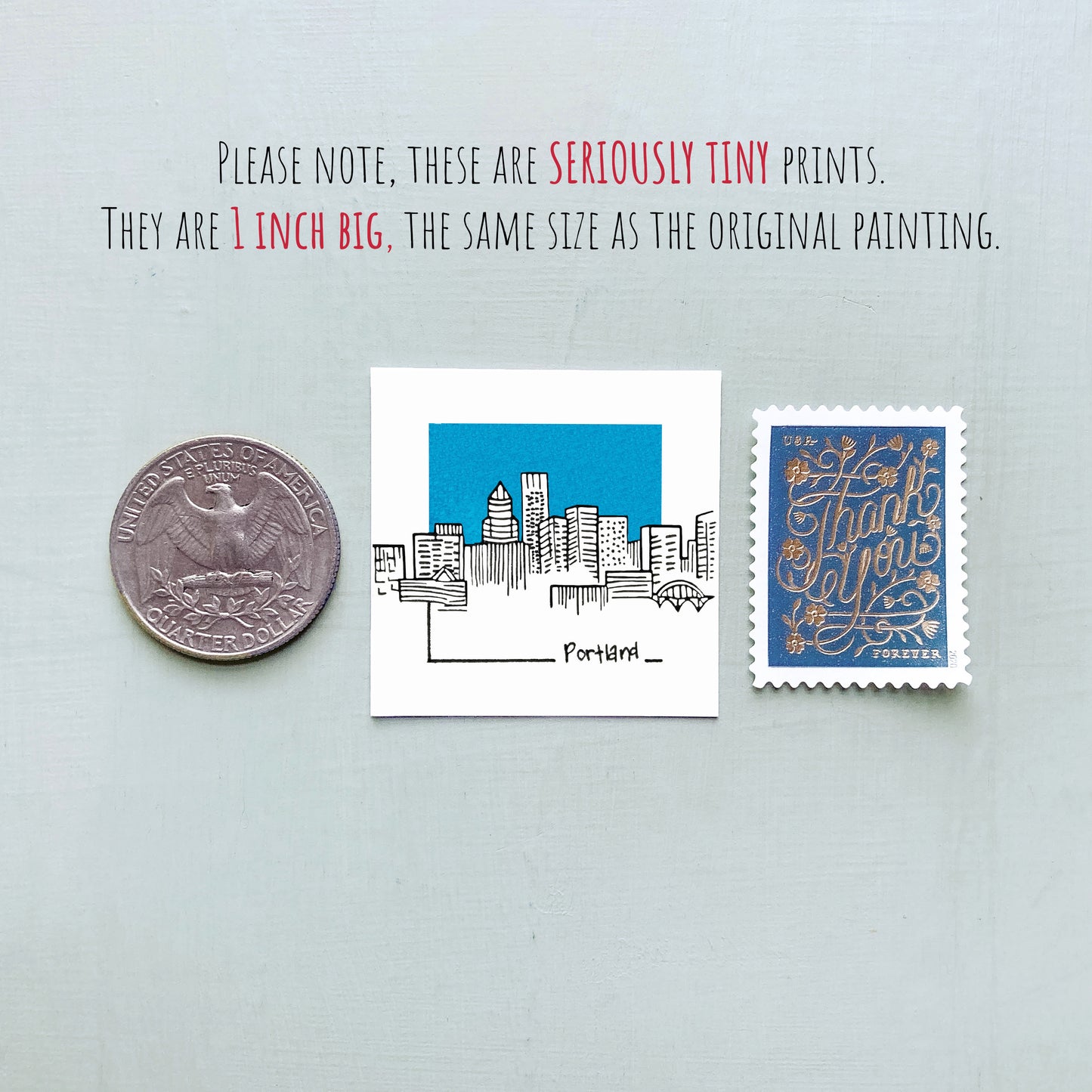 Mini Portland, Oregon 1.5" Watercolor and Ink Art PRINT