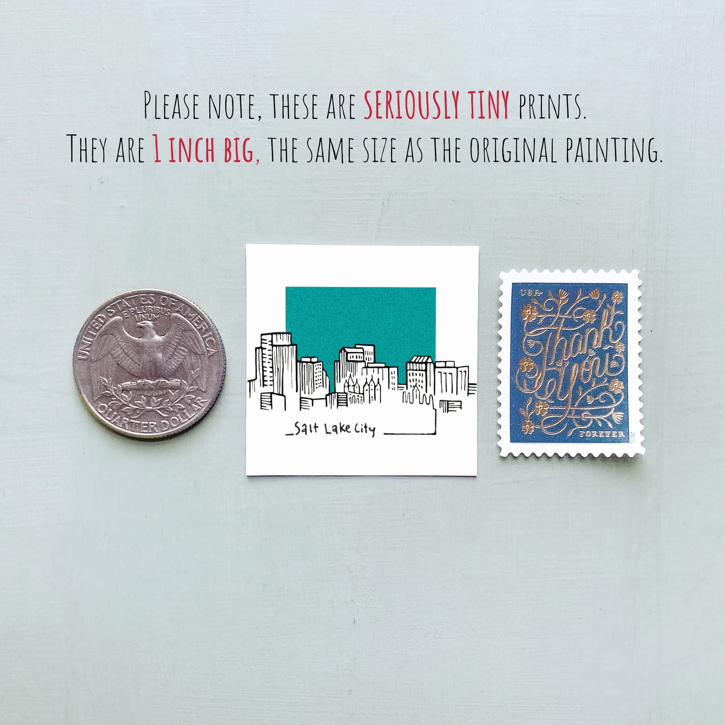 Mini Salt Lake City, Utah 1.5" Watercolor and Ink Art PRINT