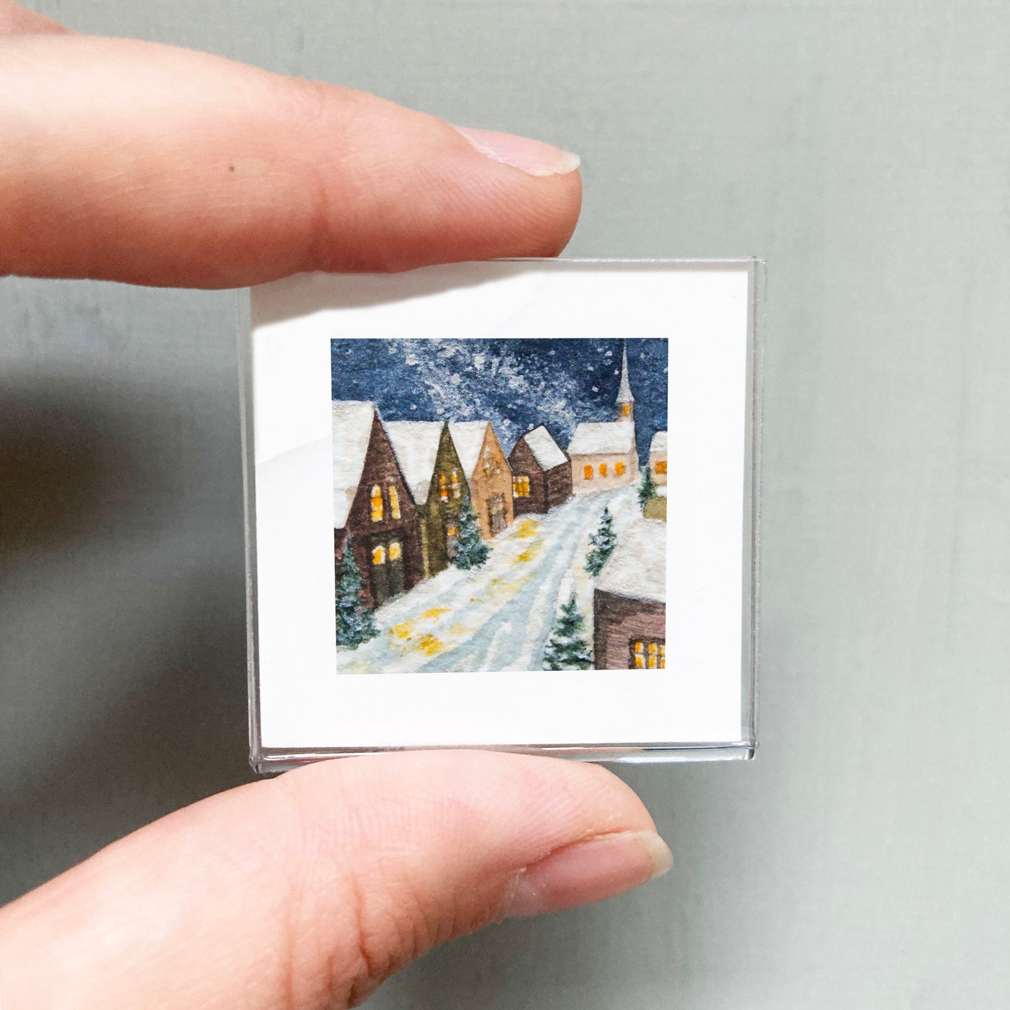 Mini 1" Snowy Village Night Watercolor Print