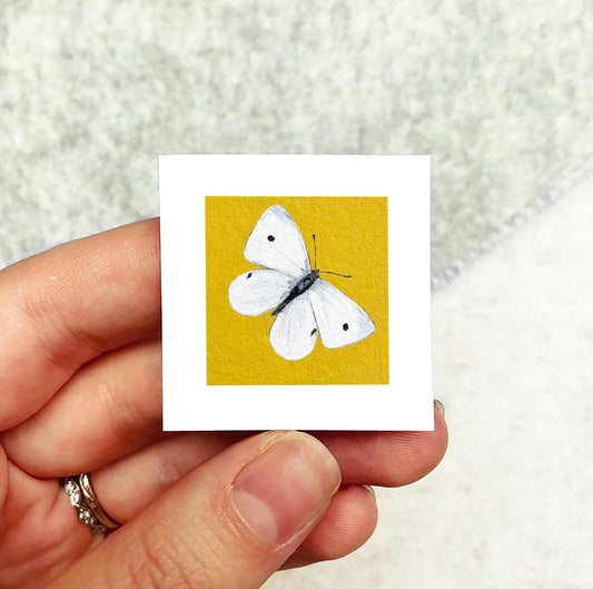 Mini 1" White Cabbage Butterfly Insect Print Tiny Watercolor  Art PRINT