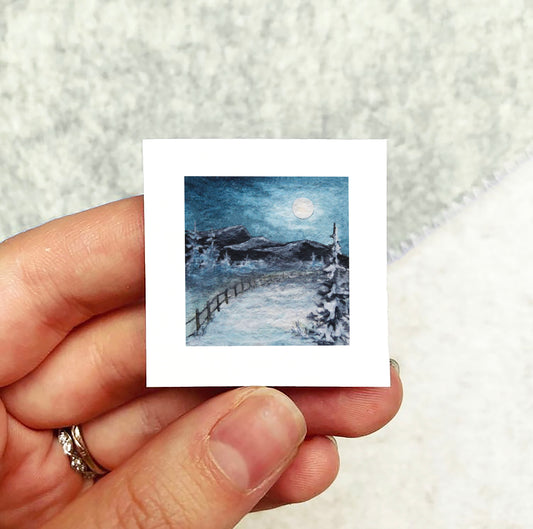 Mini 1" Moonlit Snowy Mountain Watercolor Print