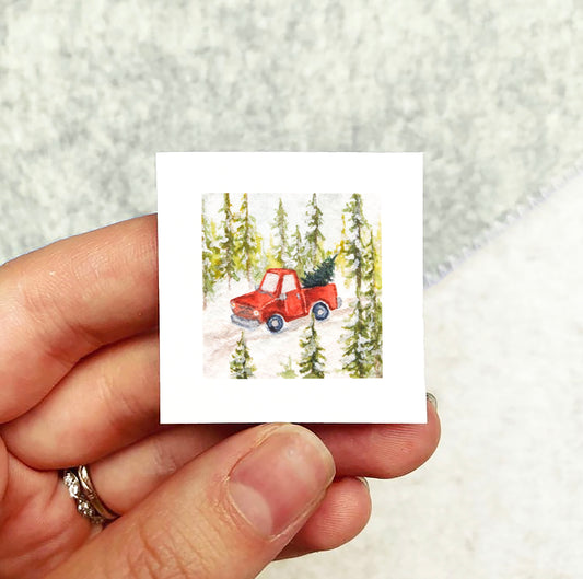 Mini 1" Christmas Tree Red Truck Watercolor Print