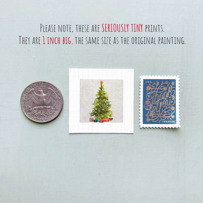 a collection of three small items: a quarter, a Christmas tree postage stamp, and a United States postage stamp.