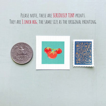 three small prints: a United States quarter, a square print of tomatoes, and a postage stamp.
