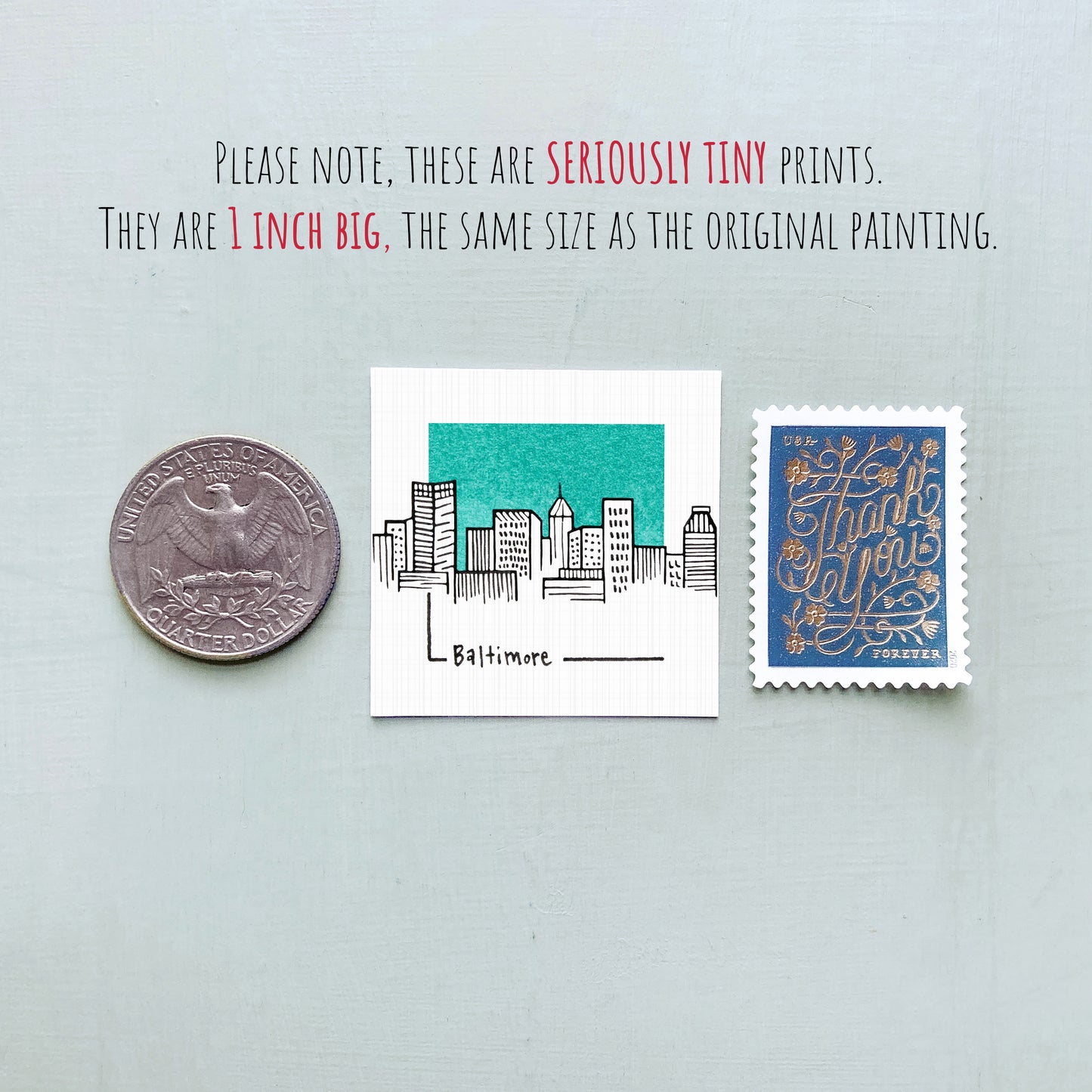 three small prints: a coin, a drawing of a city skyline, and a postage stamp.