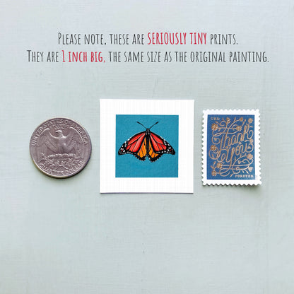 three small artworks: a silver coin, a square print of a butterfly, and a blue postage stamp.