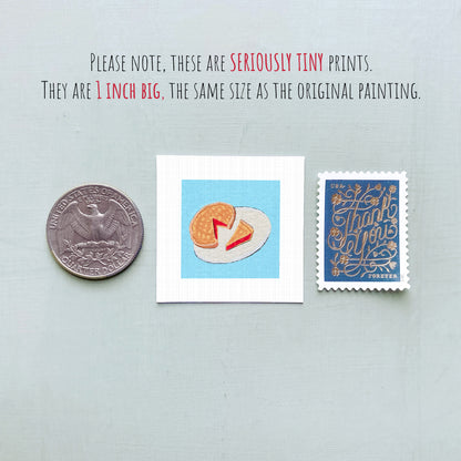 three tiny prints: a quarter, a postage stamp, and a piece of paper with a drawing of a pie.