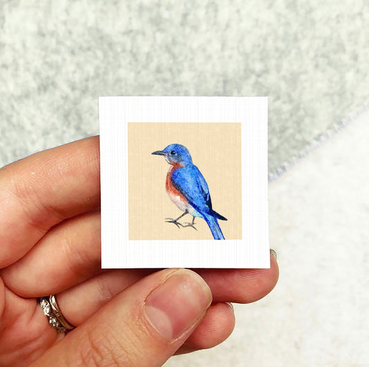A hand holding a small square card with a picture of a blue bird on it.