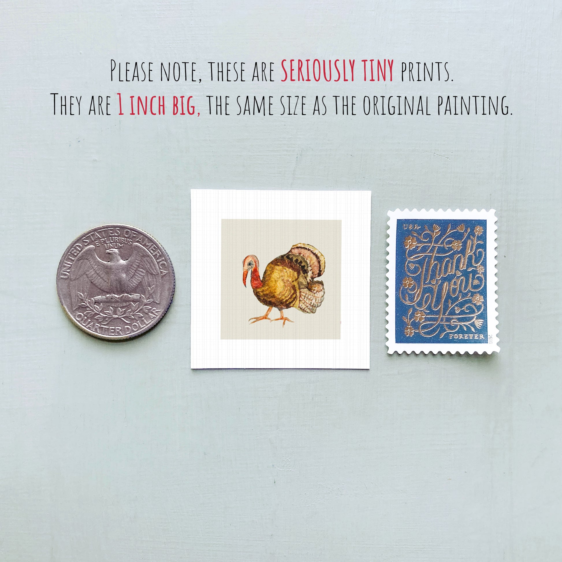 a collection of three small items: a quarter, a postage stamp, and a painting of a turkey.
