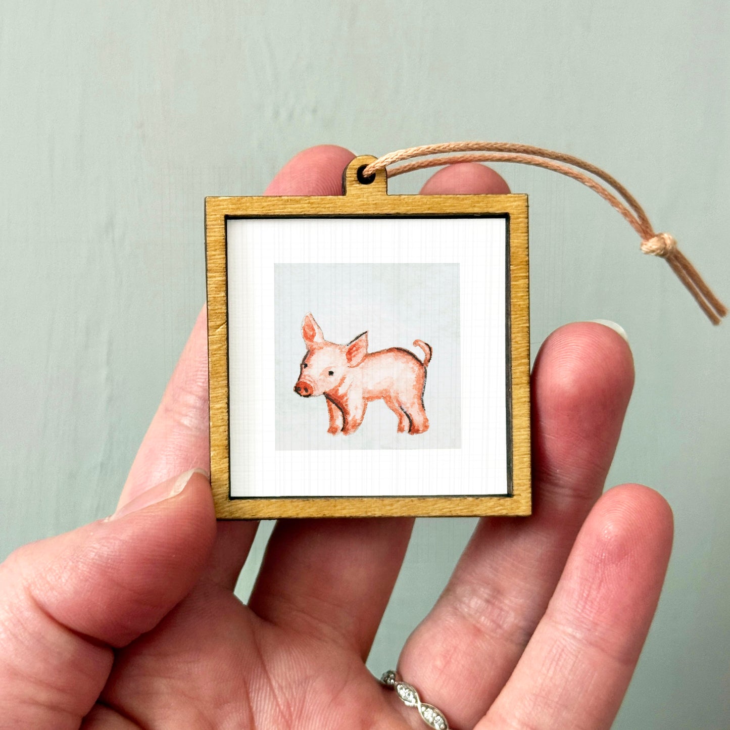 A hand holding a small wooden frame containing a picture of a pig.