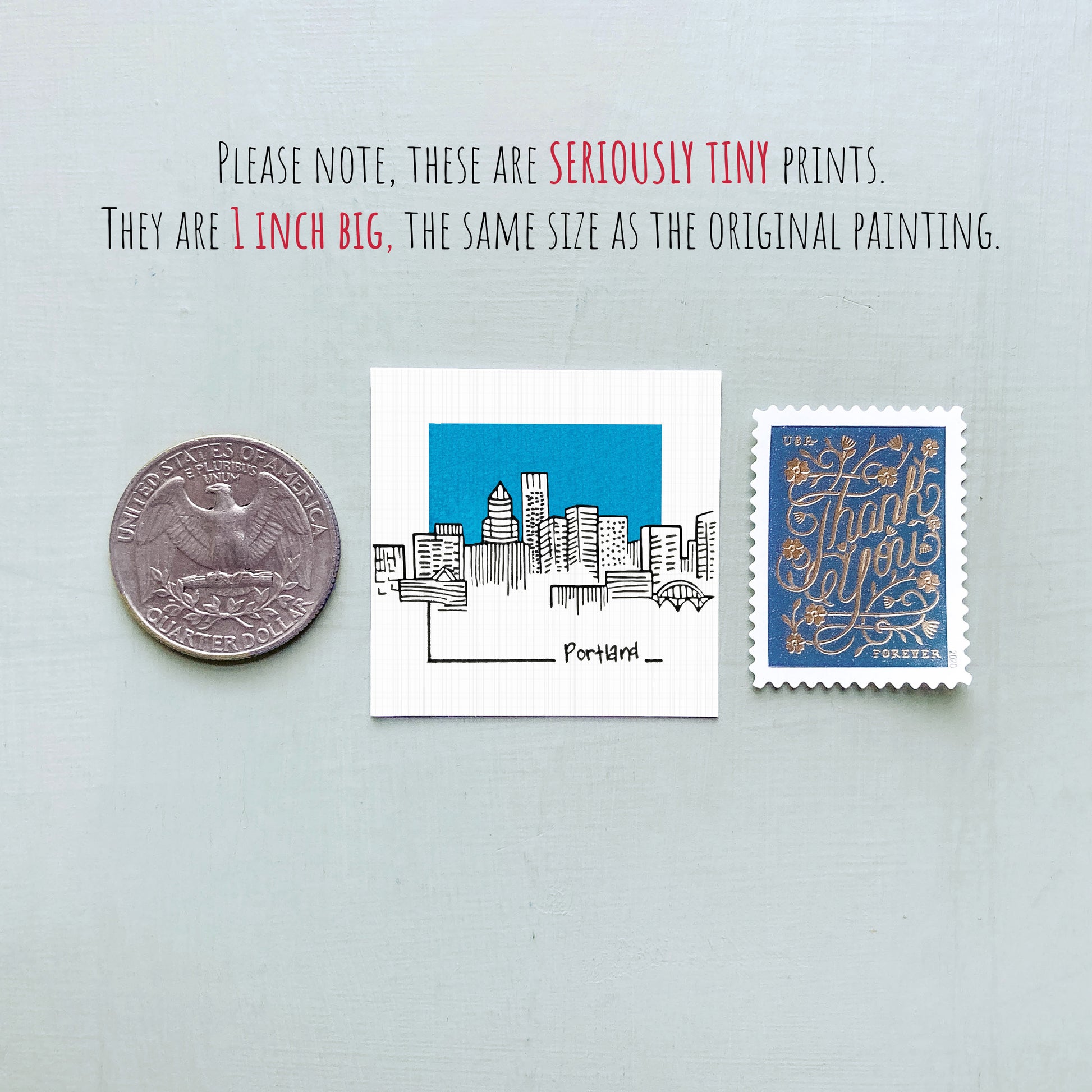a collection of three small items: a quarter, a postage stamp, and a drawing of a city skyline.