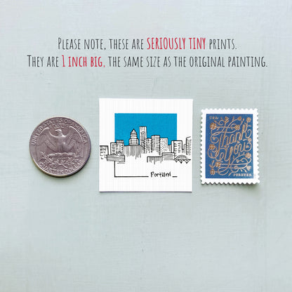 a collection of three small items: a quarter, a postage stamp, and a drawing of a city skyline.