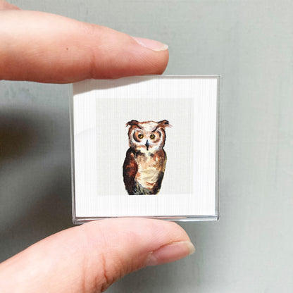 A person's hand is holding a small square picture of an owl.