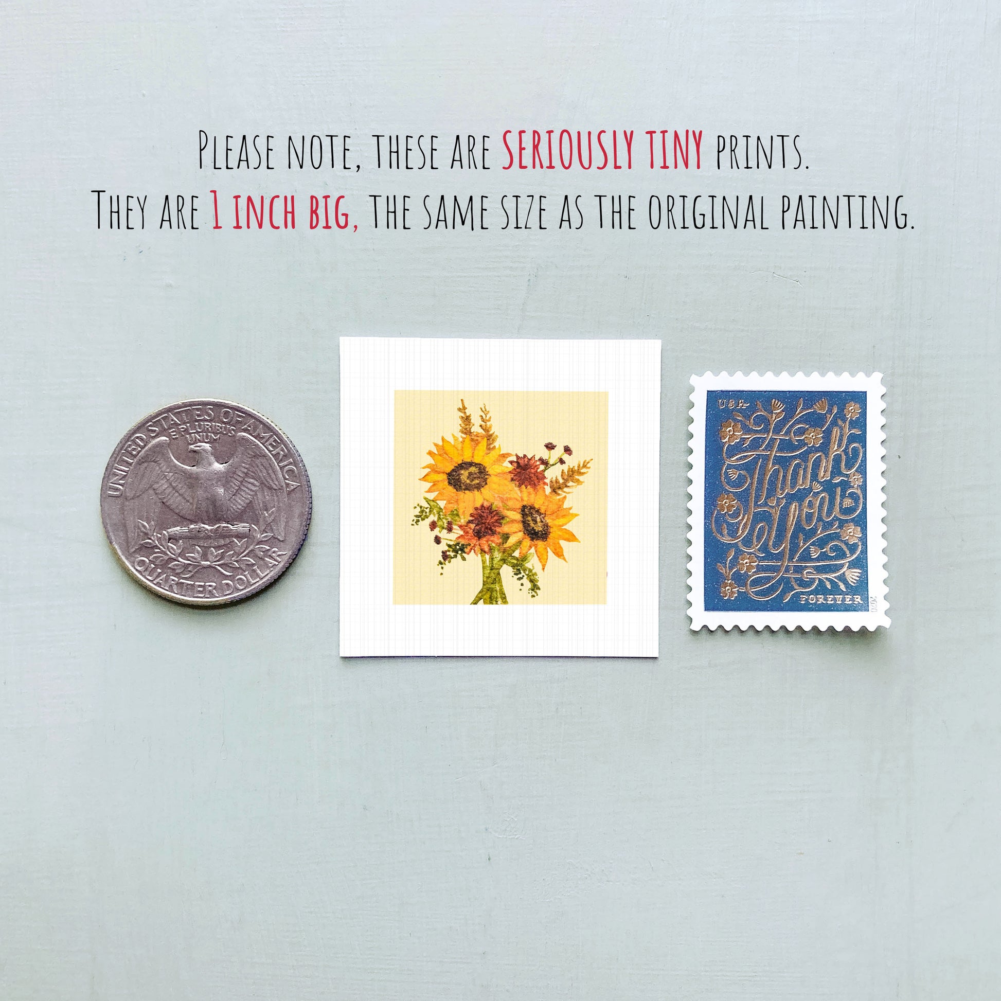 three small prints: a silver coin, a white square print of a flower, and a blue postage stamp.
