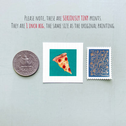 three small items: a quarter, a slice of pizza, and a postage stamp.