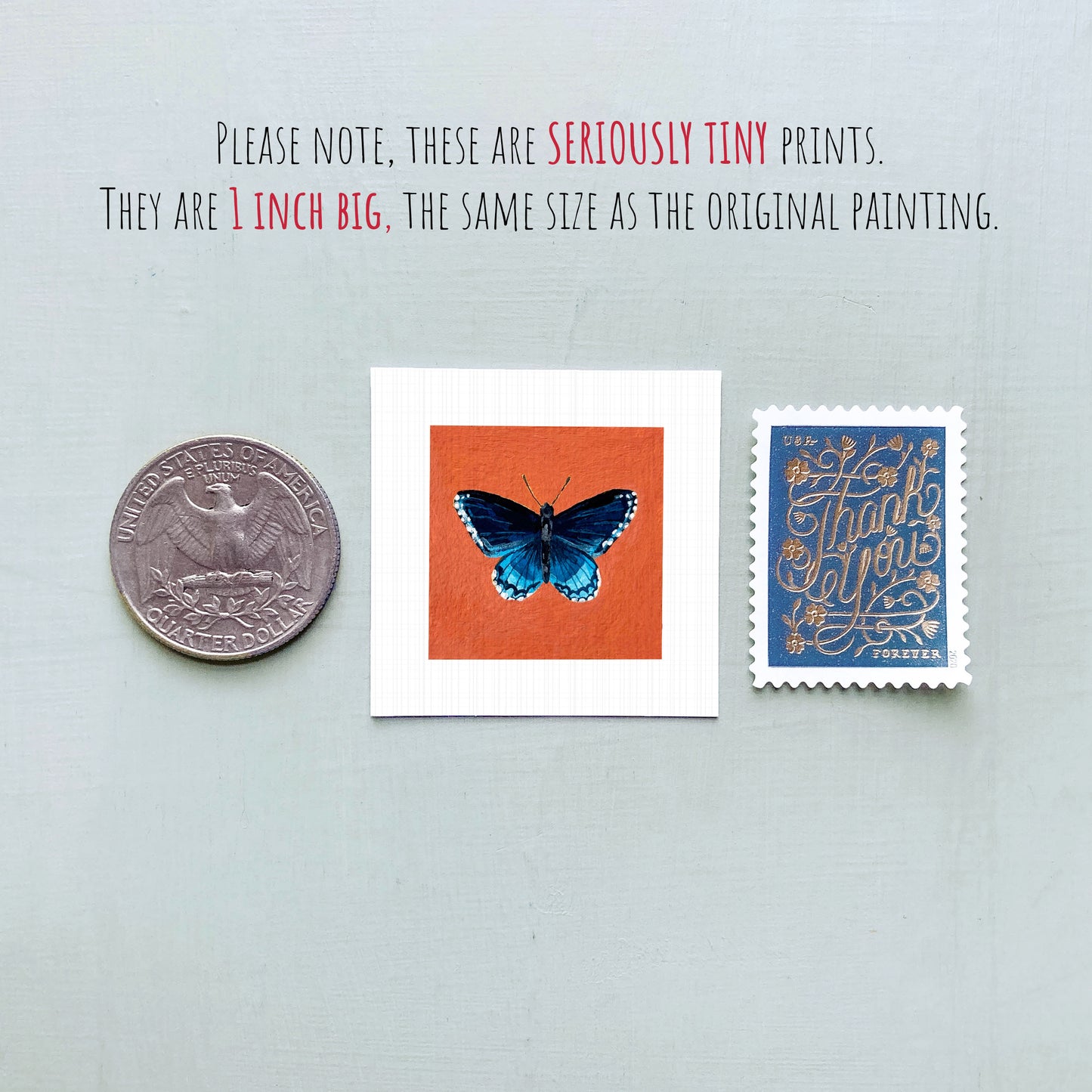 a collection of three small items: a silver coin, a white square with an orange background featuring a blue butterfly, and a blue postage stamp with gold lettering.