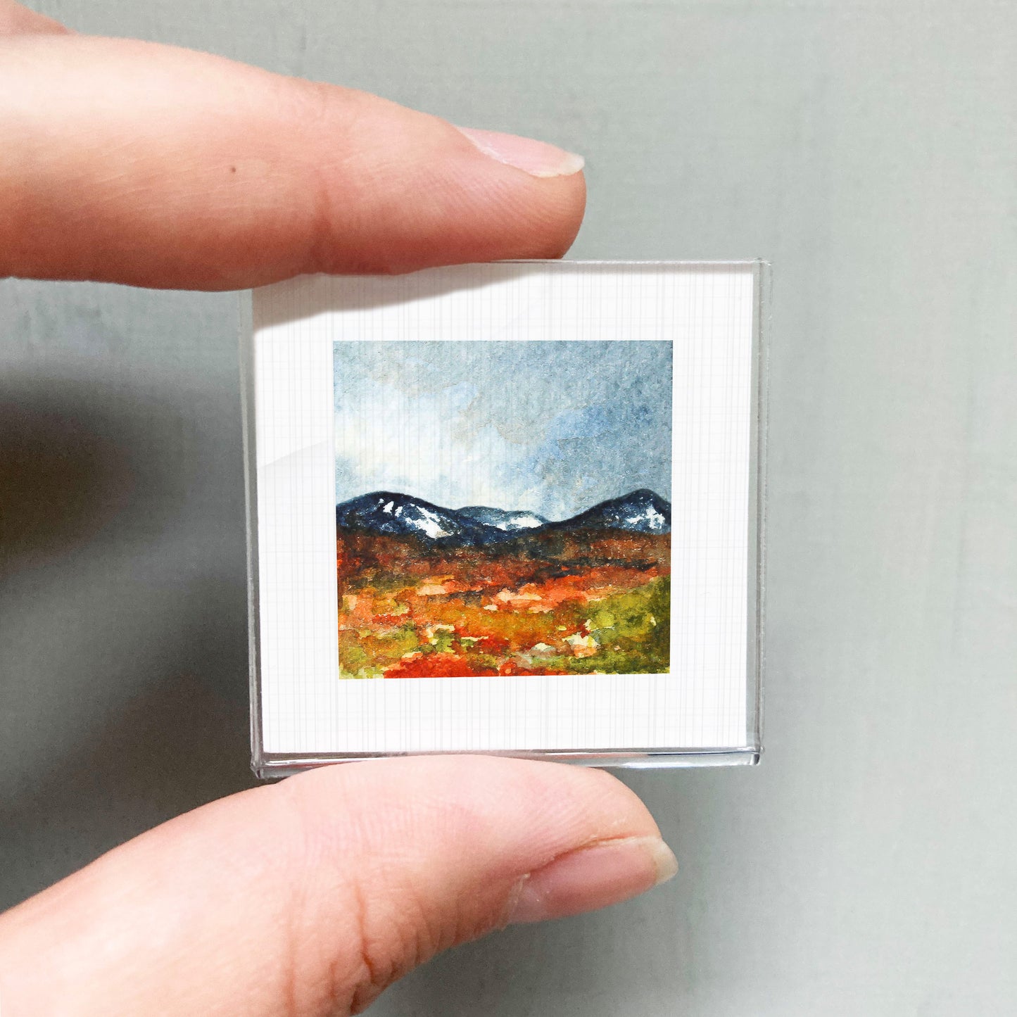 A person's hand holding a small square picture of a landscape with mountains and a colorful foreground.