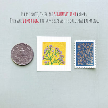 three small artworks, including a coin, a postage stamp, and a painting, all of which are described as "seriously tiny prints" and "1 inch big," respectively.