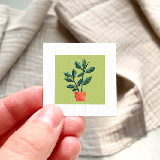 A hand is holding a small square card with a picture of a potted plant on it.