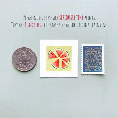 three small prints: a quarter, a watermelon slice, and a postage stamp.