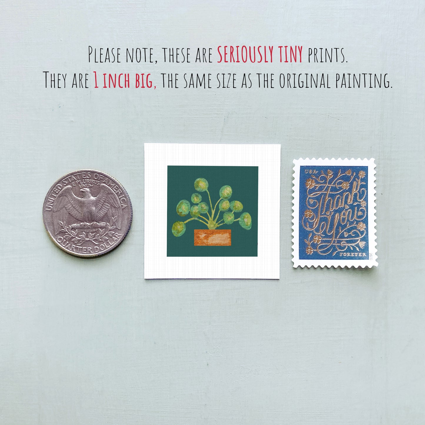 three small prints: a quarter, a square print with a plant illustration, and a postage stamp.