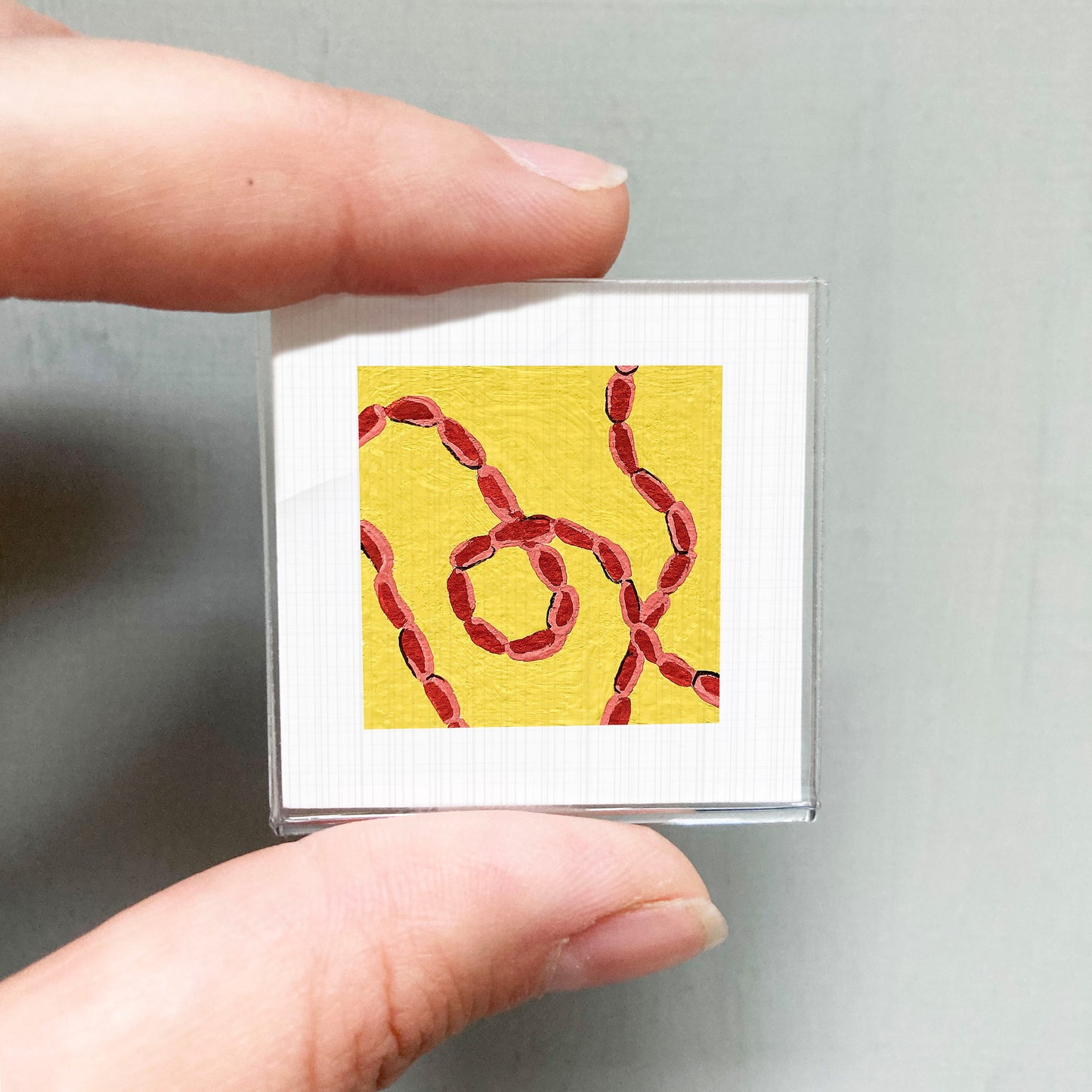 A person's hand is holding a small square with a yellow background and a red spiral design.
