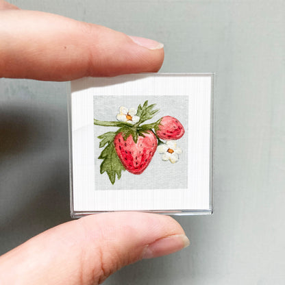 A person's hand holding a small square picture of a strawberry with white flowers.