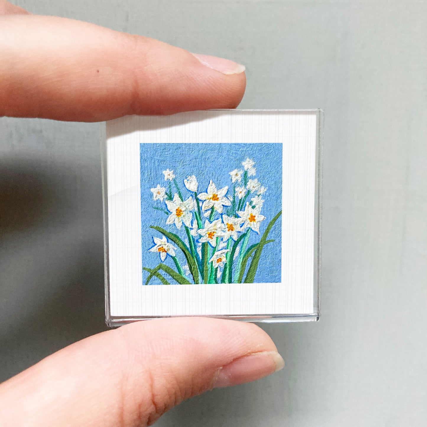 A person's hand is holding a small square picture of white flowers against a blue background.