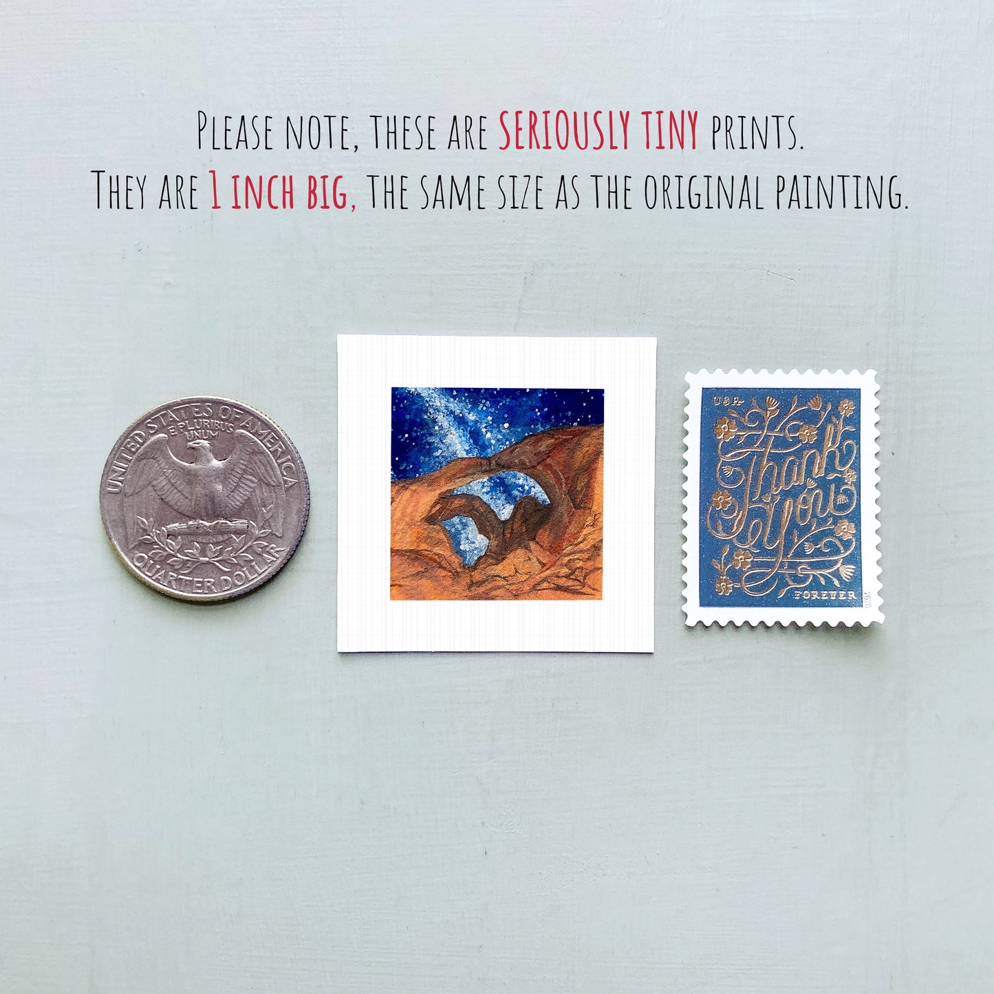 three small artworks and a United States quarter coin, all of which are described as "seriously tiny prints" and "1 inch big," indicating that they are miniature-sized paintings.
