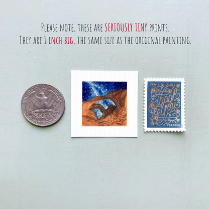 three small artworks and a United States quarter coin, all of which are described as "seriously tiny prints" and "1 inch big," indicating that they are miniature-sized paintings.