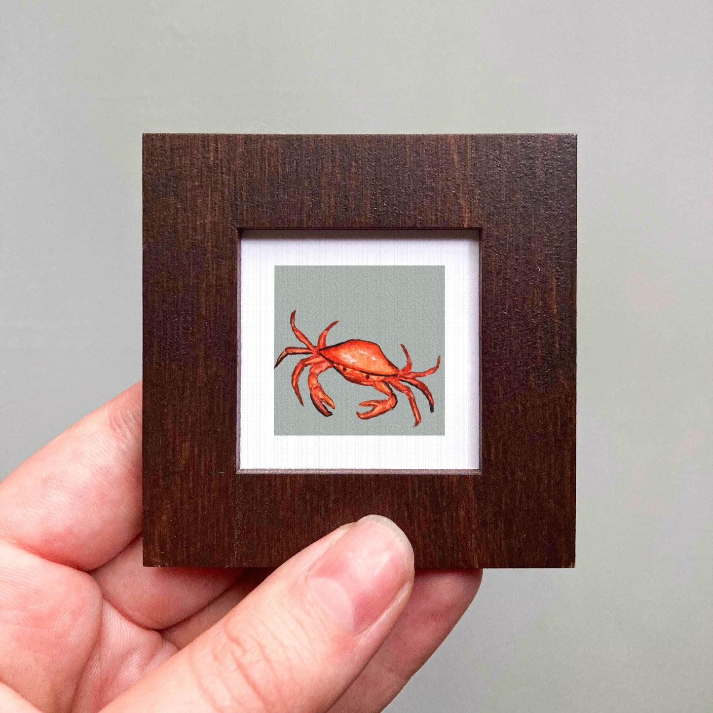 A hand is holding a small wooden frame containing a framed illustration of a crab.