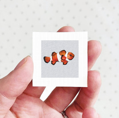 A hand holding a small square picture of a clownfish.