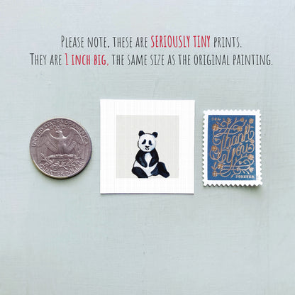 a small print print, a United States quarter, and a postage stamp, all of which are described as "seriously tiny prints" and "the same size as the original painting".
