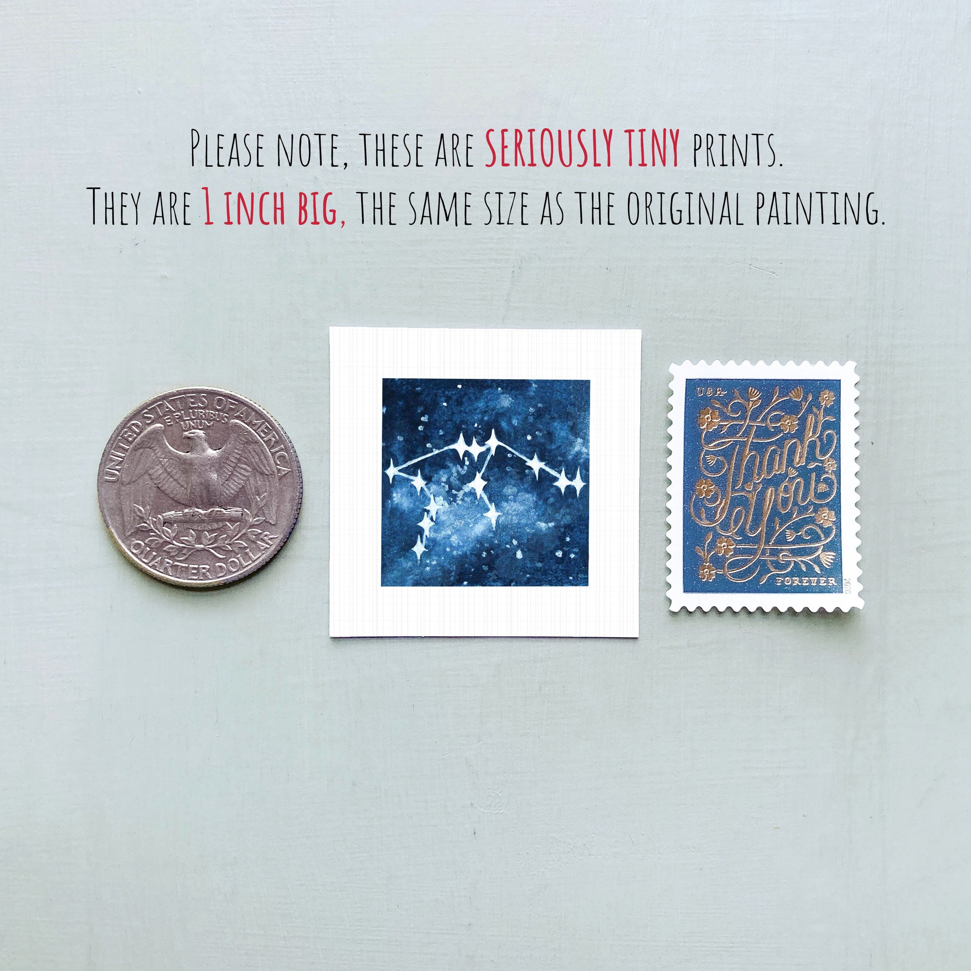 three small prints and a coin, all of which are described as "seriously tiny prints" and "1 inch big," respectively.