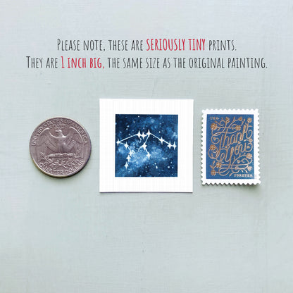 three small prints and a coin, all of which are described as "seriously tiny prints" and "1 inch big," respectively.