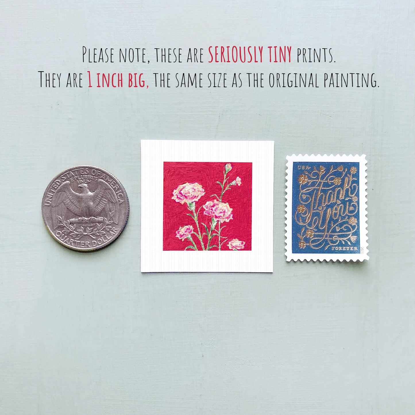 three small prints: a silver coin, a red square with pink flowers, and a blue postage stamp.