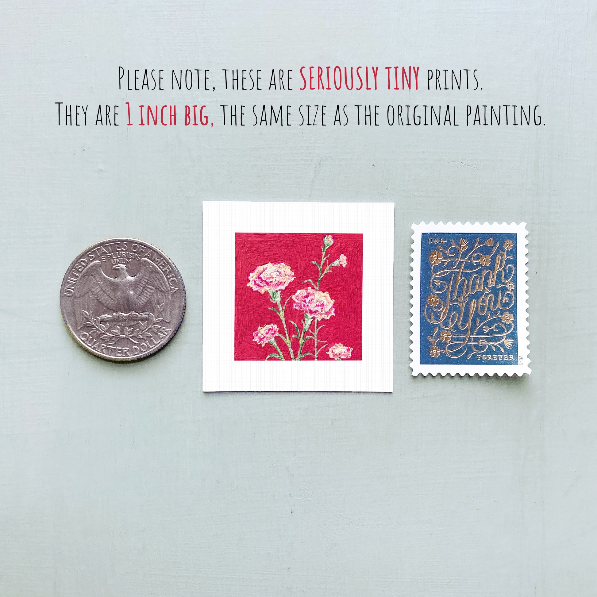 three small prints: a silver coin, a red square with pink flowers, and a blue postage stamp.