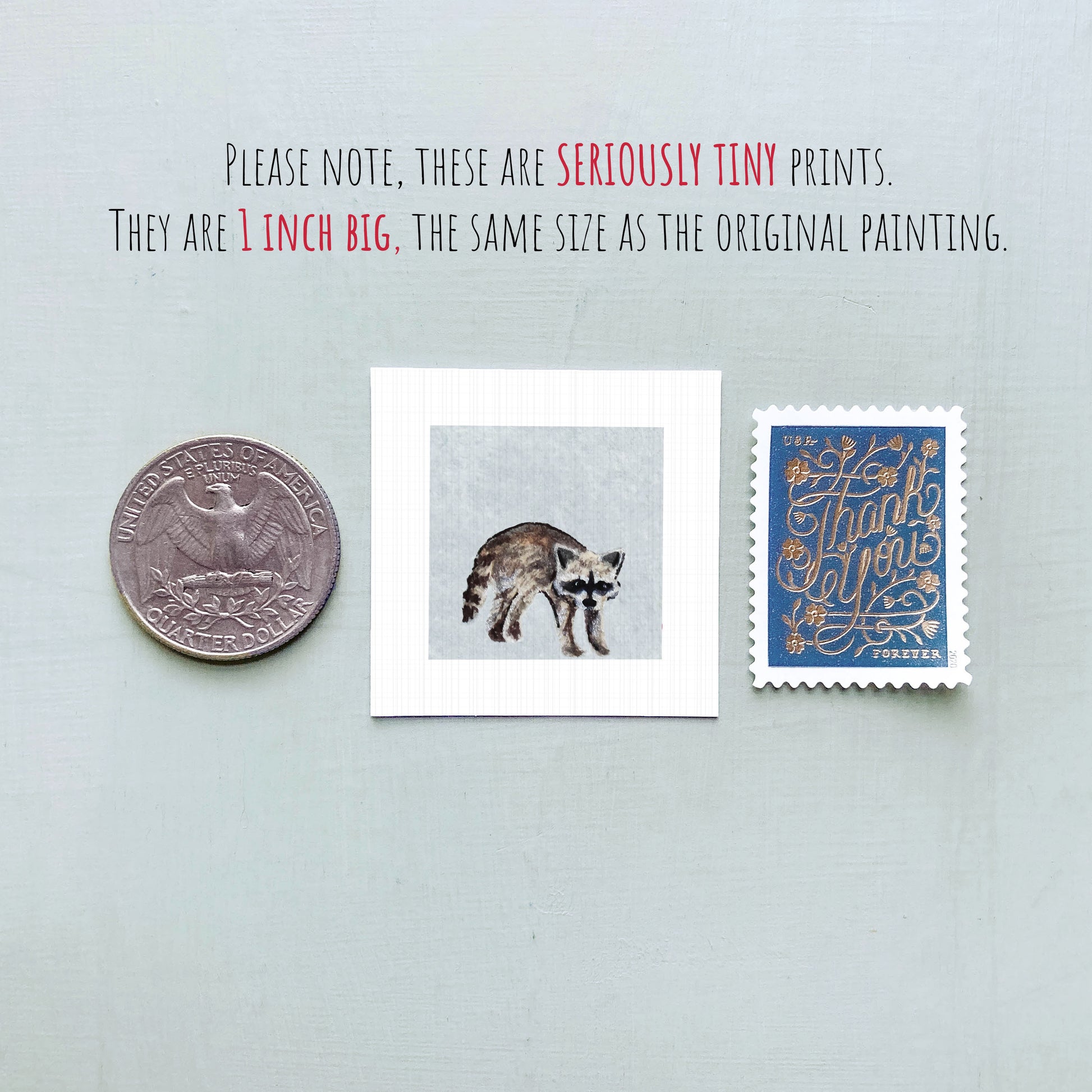 three small prints: a quarter, a postage stamp, and a painting of a raccoon.