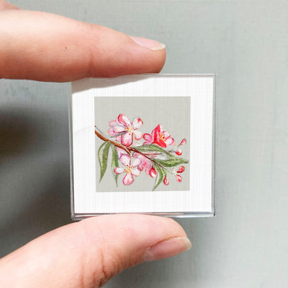 A person's hand holding a small square picture of a branch with pink flowers against a gray background.