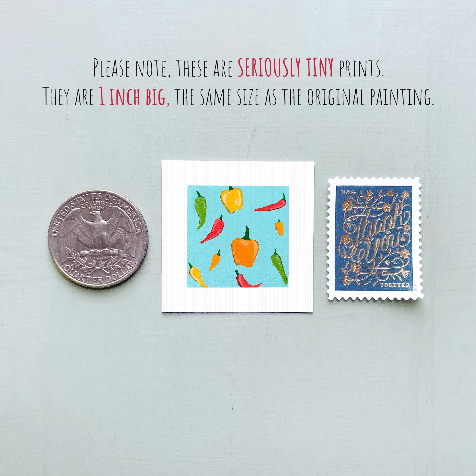 three small artworks: a quarter, a square with a colorful design of peppers, and a postage stamp.