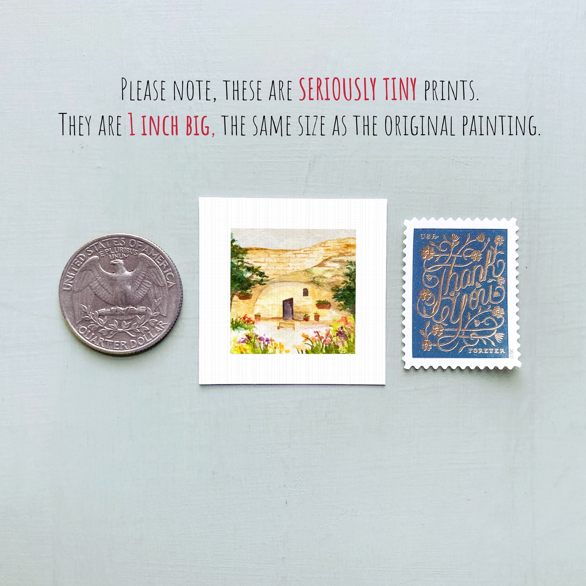 a collection of three small items: a quarter, a postcard, and a stamp.