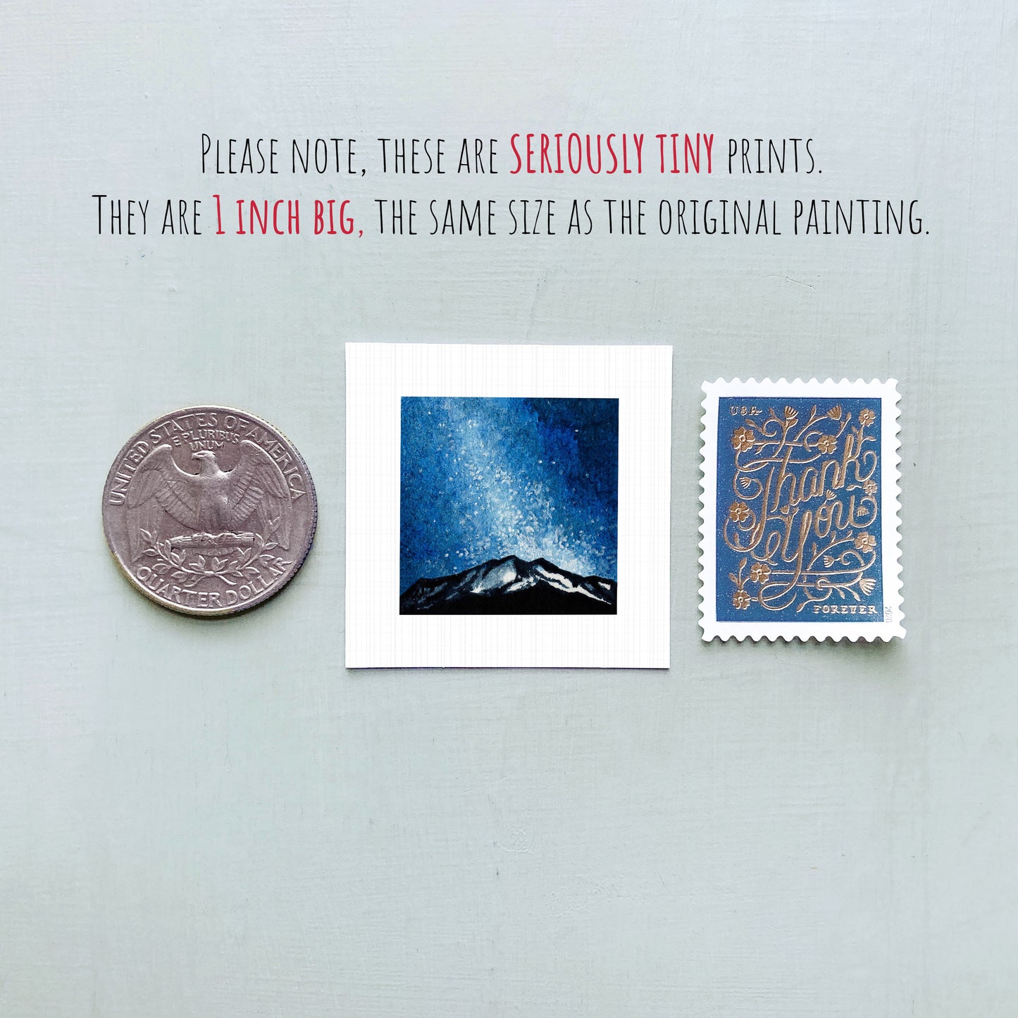 three small prints: a quarter, a square print of a night sky, and a postage stamp.