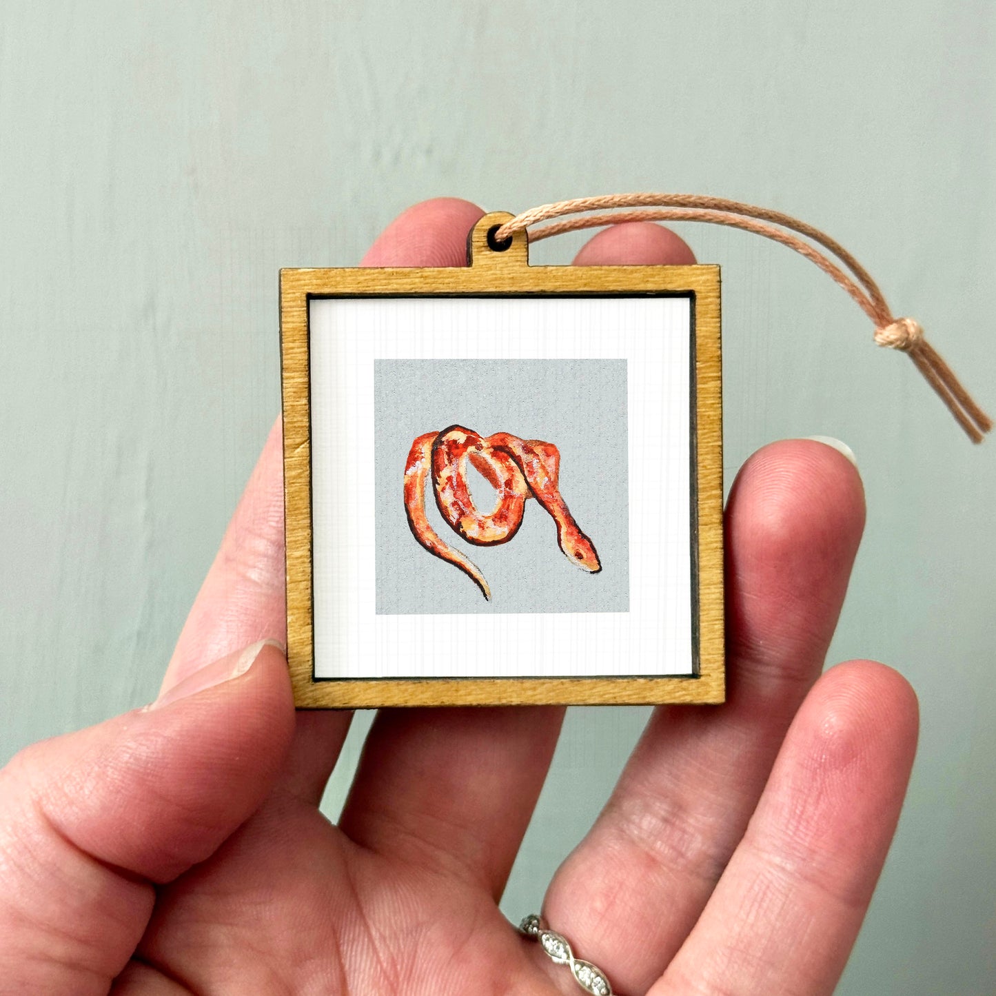 A person's hand holding a small wooden frame containing a picture of a red snake.