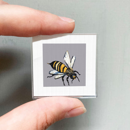 A person's hand is holding a small square picture of a bee.