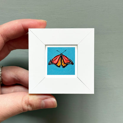 A hand is holding a small white frame containing a colorful butterfly image against a blue background.