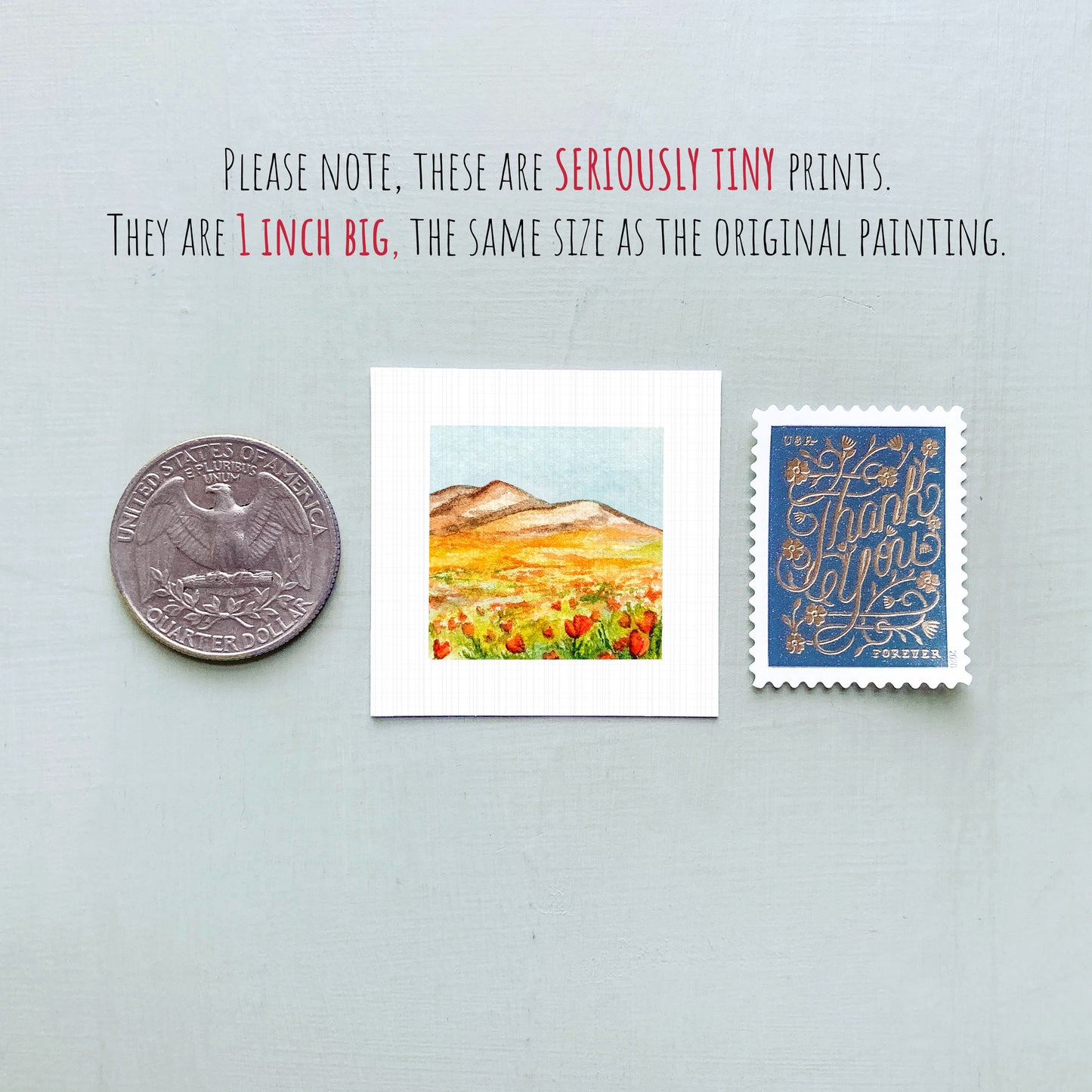 three small prints: a quarter, a square print of a mountain landscape, and a blue postage stamp with gold lettering.