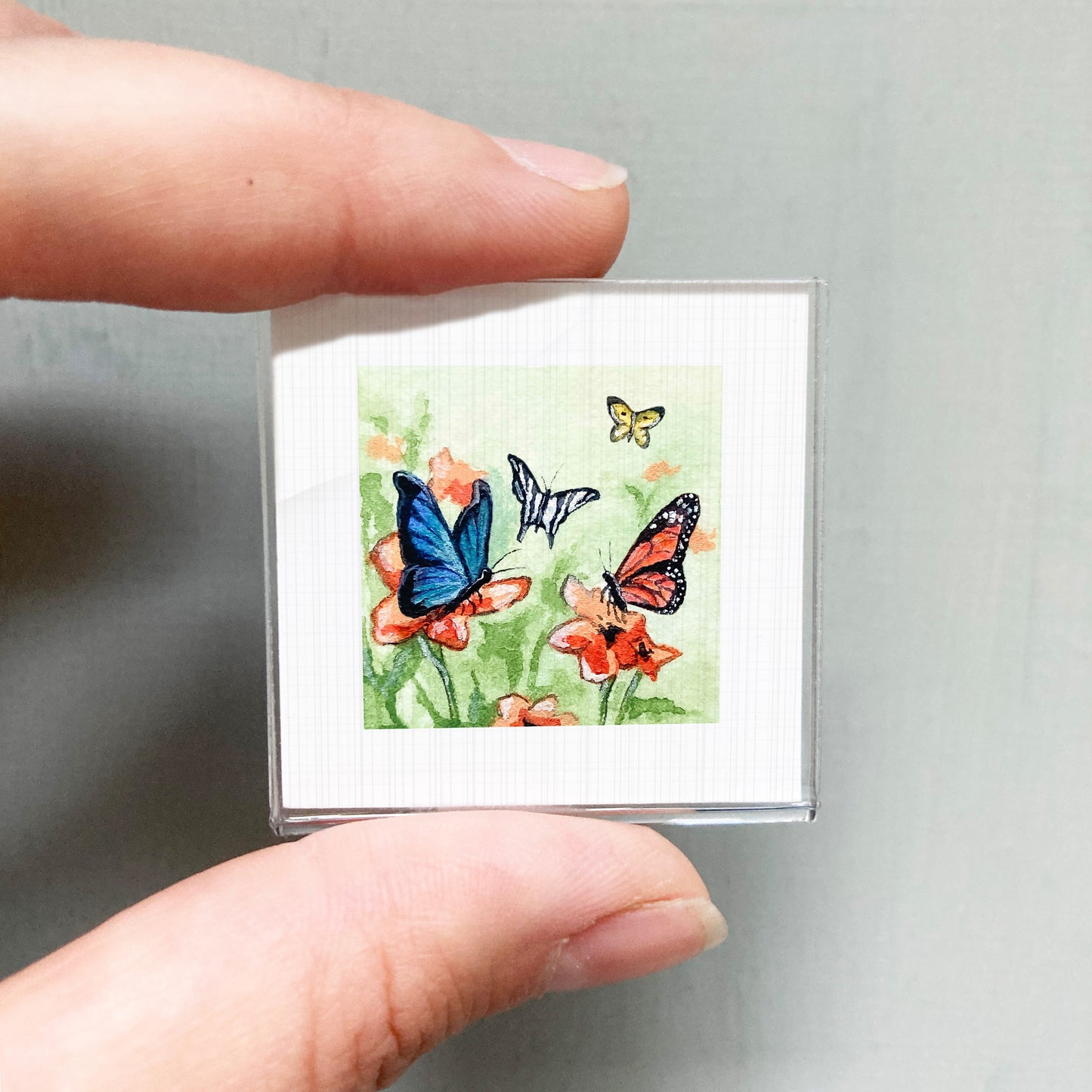 A person's hand is holding a small square picture depicting colorful butterflies on flowers.