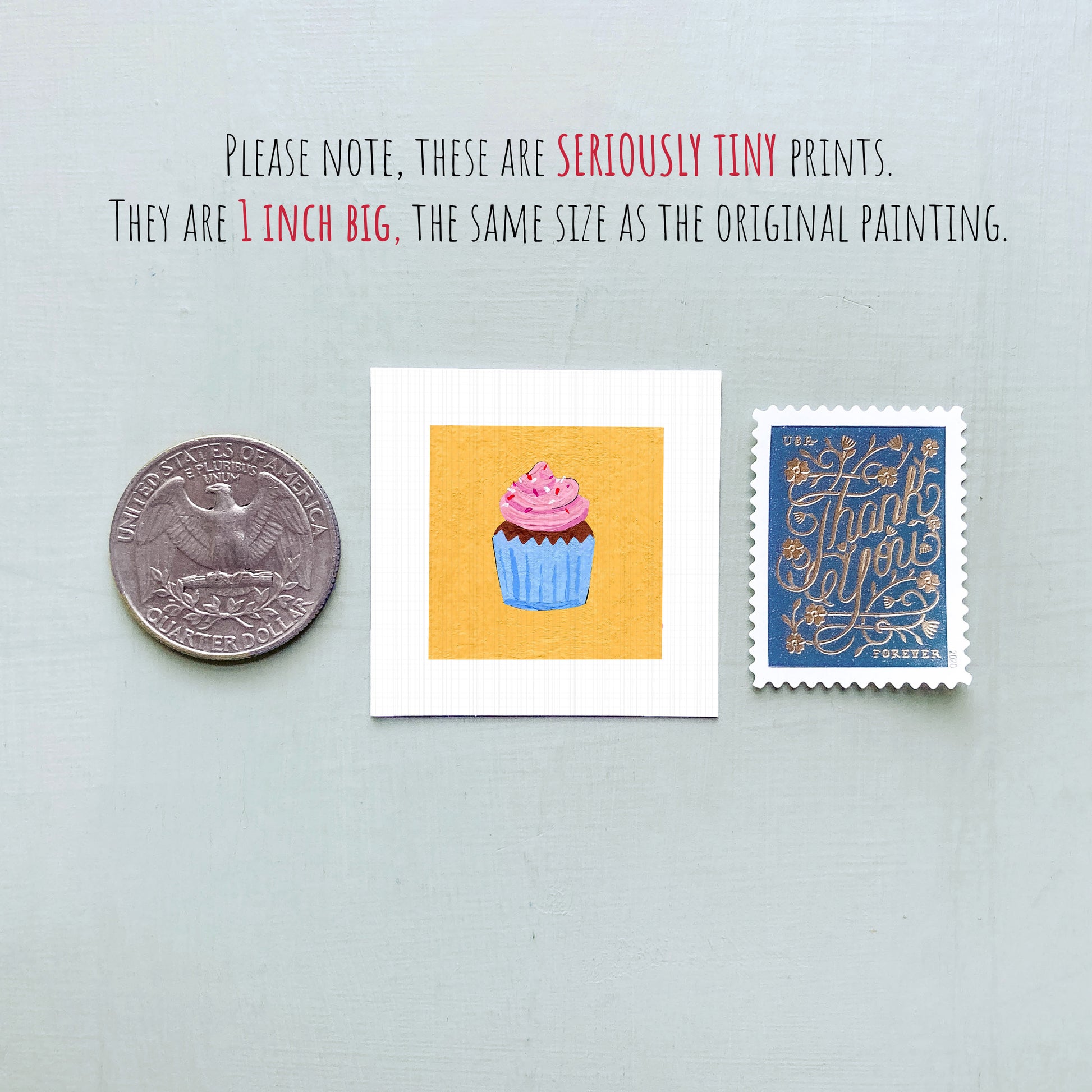 three small artworks: a quarter, a cupcake with pink frosting, and a postage stamp.